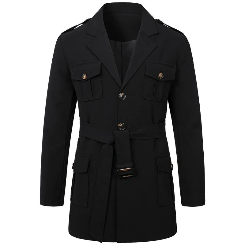 Hommes Printemps Automne Coupe-vent Pardessus Longs Trench Manteaux Avec Ceinture Pour Manteau À Double Boutonnage - Noir