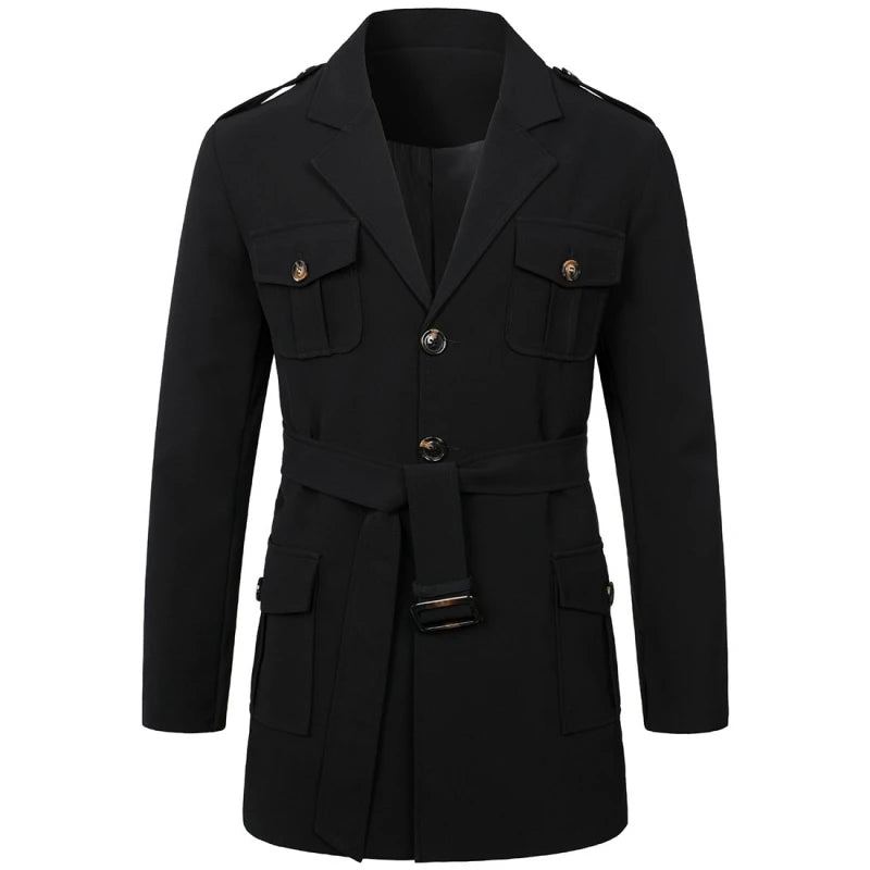 Hommes Printemps Automne Coupe-vent Pardessus Longs Trench Manteaux Avec Ceinture Pour Manteau À Double Boutonnage - Noir