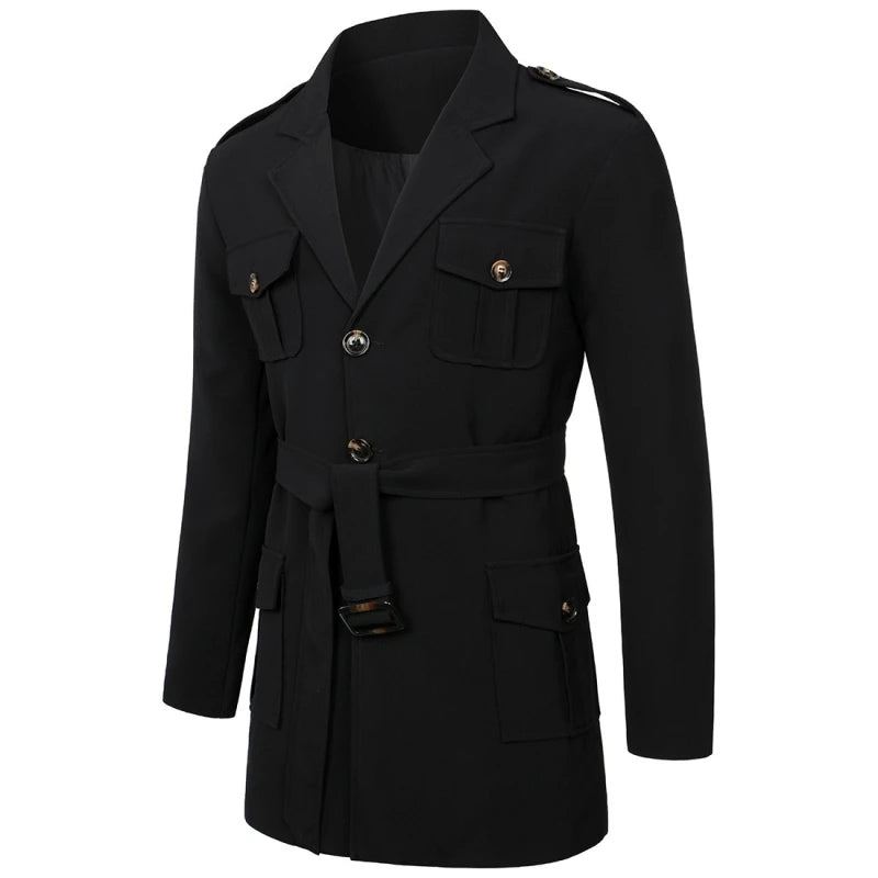 Hommes Printemps Automne Coupe-vent Pardessus Longs Trench Manteaux Avec Ceinture Pour Manteau À Double Boutonnage - Noir