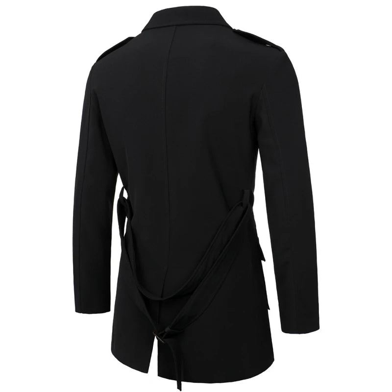 Hommes Printemps Automne Coupe-vent Pardessus Longs Trench Manteaux Avec Ceinture Pour Manteau À Double Boutonnage - Noir