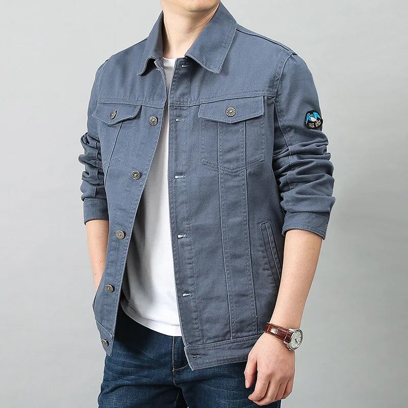 Hommes Printemps Automne Haut Décontracté Coton Denim Veste Tendance Revers Bomber Tactique Vestes - Noir