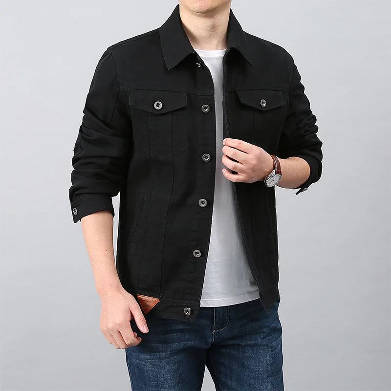 Hommes Printemps Automne Haut Décontracté Coton Denim Veste Tendance Revers Bomber Tactique Vestes - Noir