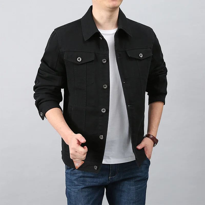 Hommes Printemps Automne Haut Décontracté Coton Denim Veste Tendance Revers Bomber Tactique Vestes - Noir