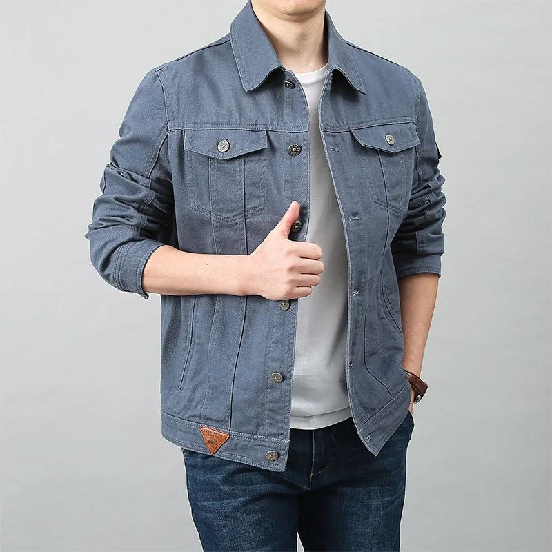 Hommes Printemps Automne Haut Décontracté Coton Denim Veste Tendance Revers Bomber Tactique Vestes - Noir