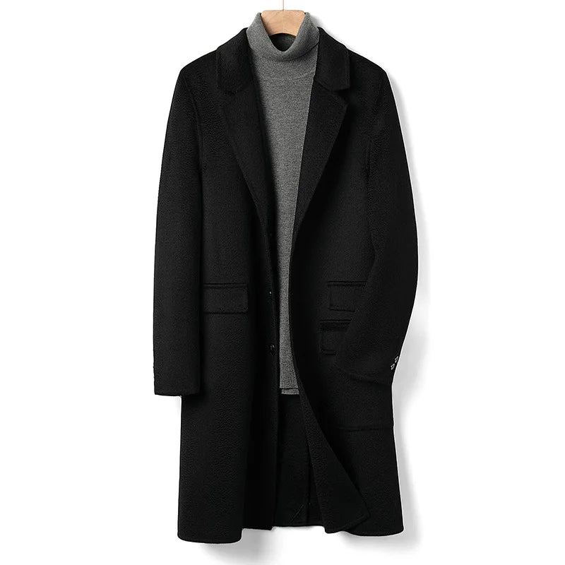 Laine Longue Camel Noir Slim Col De Costume Hommes Hiver Épaissir Pardessus Père Manteau - Noir