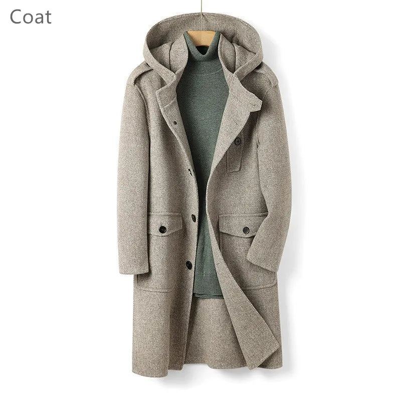 Laine Manteau En Double Face Homme Long À Capuche Simple Boutonnage Hiver Trench Camel - Gris