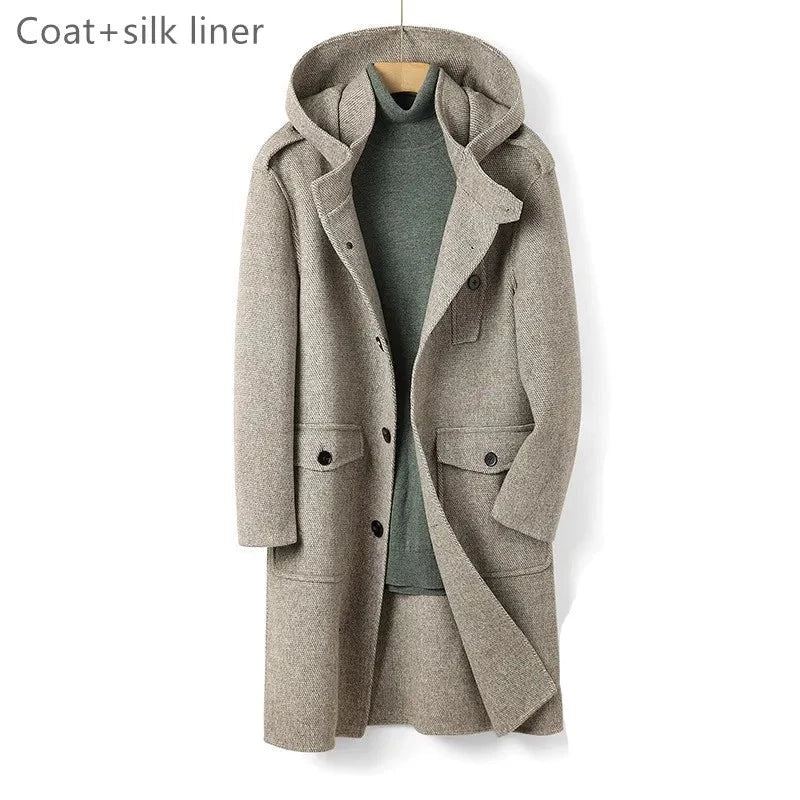 Laine Manteau En Double Face Homme Long À Capuche Simple Boutonnage Hiver Trench Camel - Gris