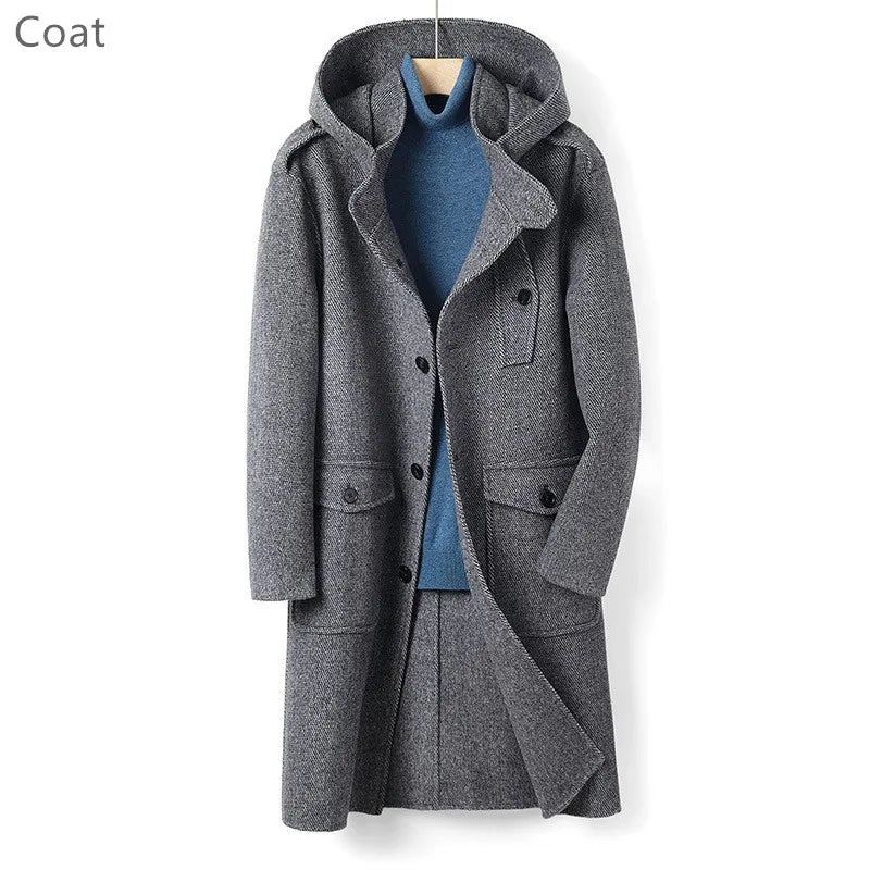 Laine Manteau En Double Face Homme Long À Capuche Simple Boutonnage Hiver Trench Camel - Gris