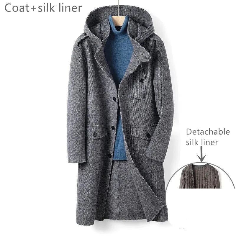 Laine Manteau En Double Face Homme Long À Capuche Simple Boutonnage Hiver Trench Camel - Gris