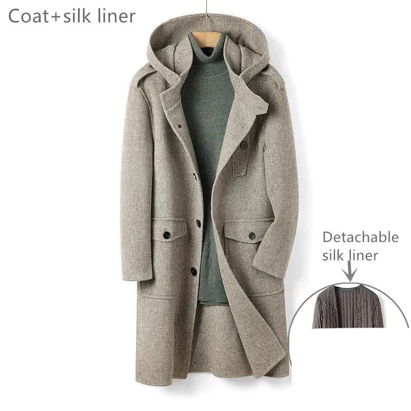 Laine Manteau En Double Face Homme Long À Capuche Simple Boutonnage Hiver Trench Camel - Gris