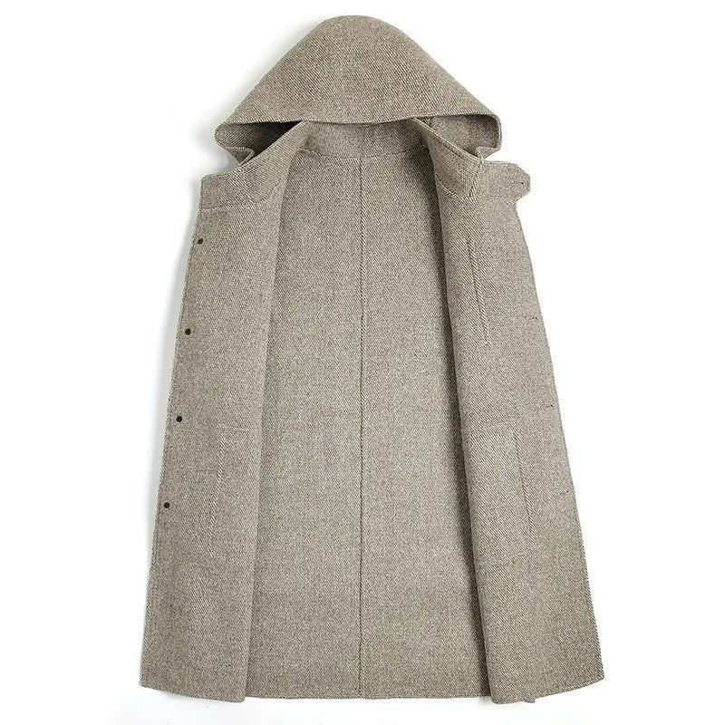 Laine Manteau En Double Face Homme Long À Capuche Simple Boutonnage Hiver Trench Camel - Gris