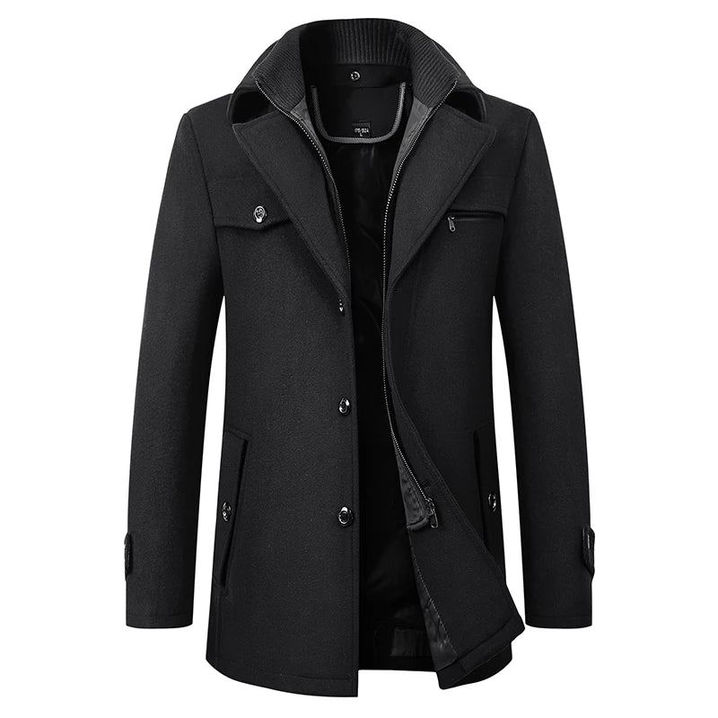 Manteau Coupe-vent En Laine Pour Hommes Trench Solide Coupe Slim Business Décontracté Mélanges De Vestes En Hiver - Noir