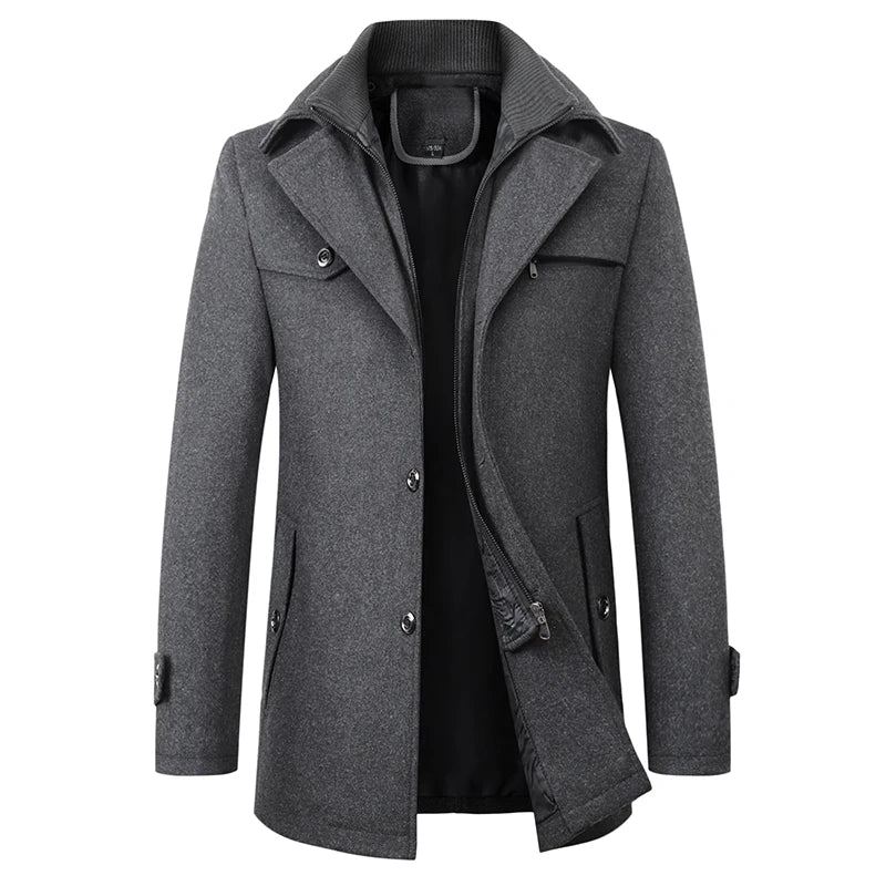 Manteau Coupe-vent En Laine Pour Hommes Trench Solide Coupe Slim Business Décontracté Mélanges De Vestes En Hiver - Noir