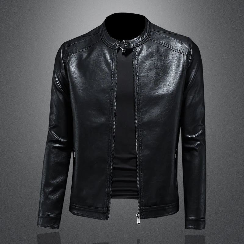 Manteau En Cuir De Moto À Revers Pour Hommes Col Montant Slim Tide - Noir