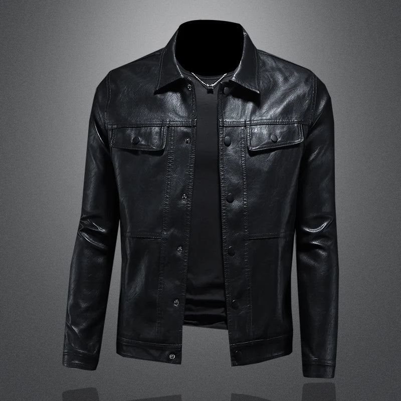 Manteau En Cuir De Moto À Revers Pour Hommes Col Montant Slim Tide - Noir