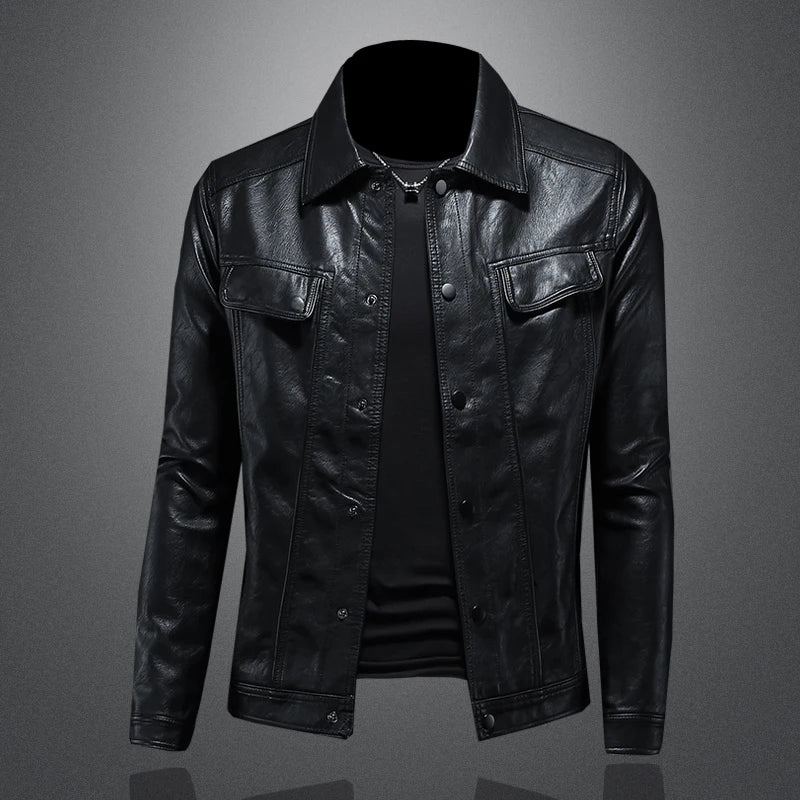 Manteau En Cuir De Moto À Revers Pour Hommes Col Montant Slim Tide - Noir