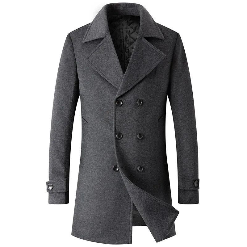 Manteau À Double Boutonnage Pour Hommes Veste En Laine Trench-coat À Revers Long Coupe-vent D'hiver - Noir