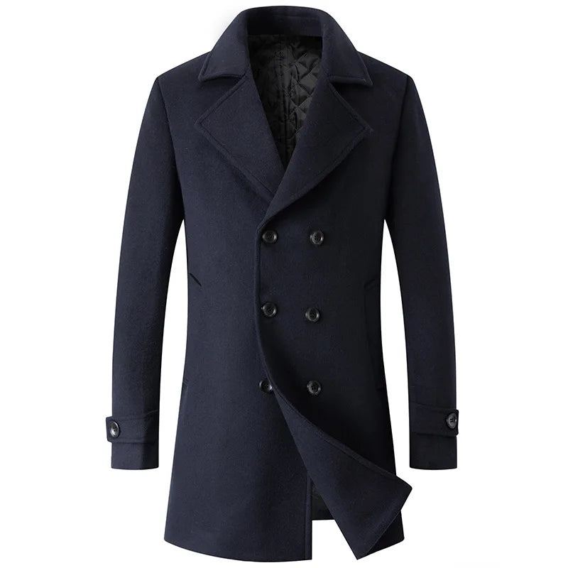 Manteau À Double Boutonnage Pour Hommes Veste En Laine Trench-coat À Revers Long Coupe-vent D'hiver - Noir