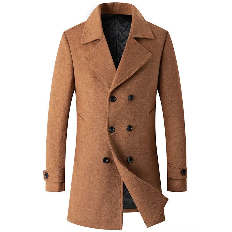 Manteau À Double Boutonnage Pour Hommes Veste En Laine Trench-coat À Revers Long Coupe-vent D'hiver - Noir