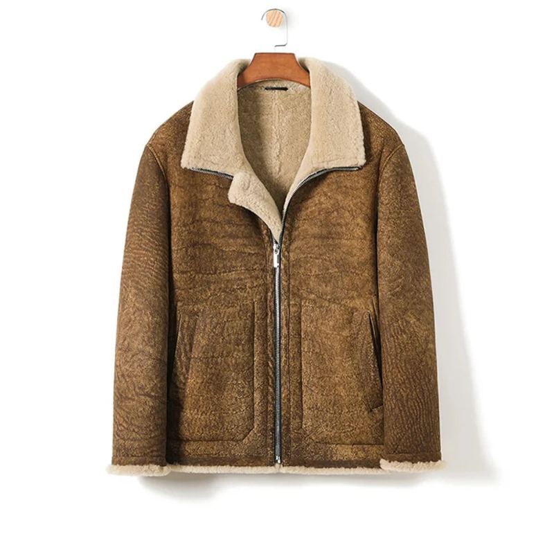 Manteau De Fourrure De Peau De Mouton Hommes Épaissir Les Manteaux De Véritable En Cuir - Chameau