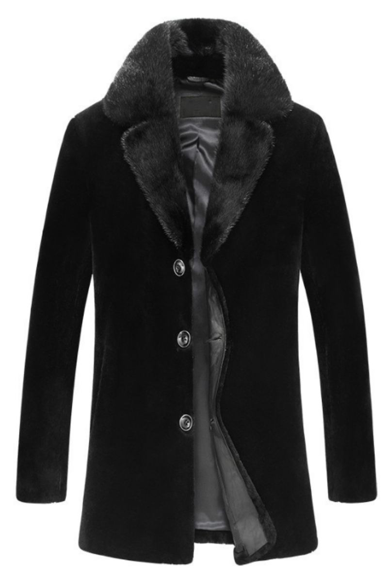 Manteau De Fourrure Véritable Hommes D'agneau Et Cuir De Mouton Maxi Veste En Peau De Noir De Laine D'hiver