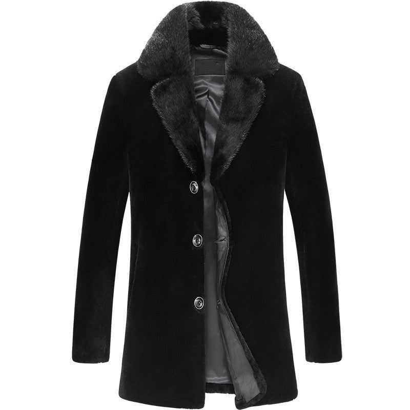 Manteau De Fourrure Véritable Hommes D'agneau Et Cuir De Mouton Maxi Veste En Peau De Noir De Laine D'hiver - Noir