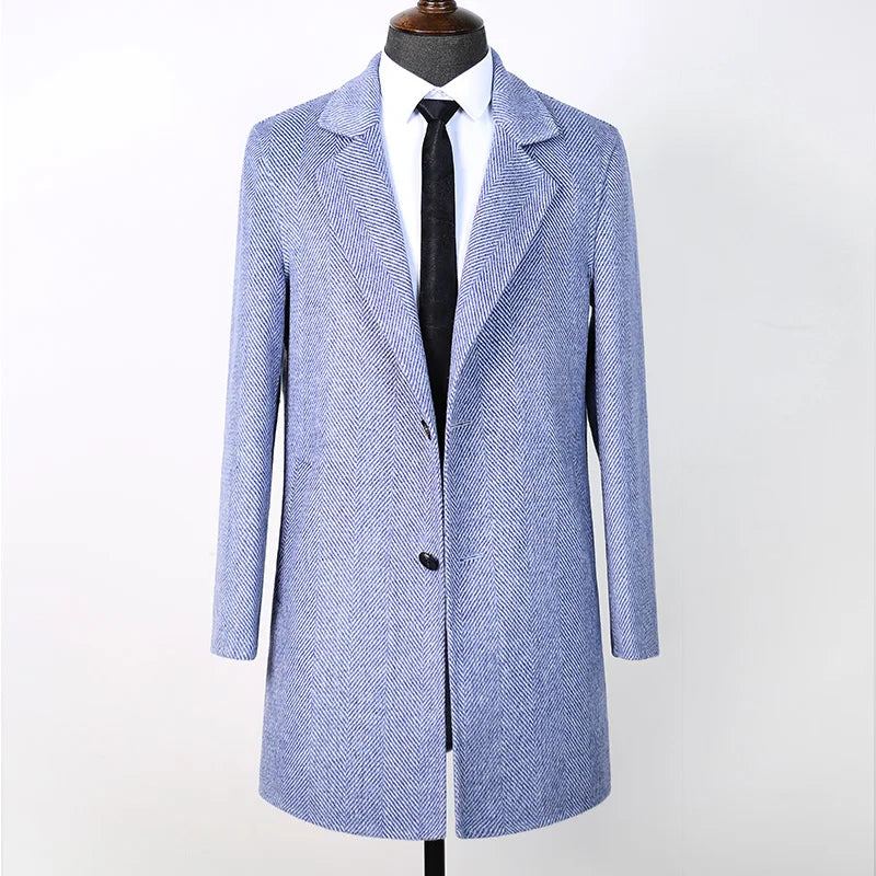 Manteau D'hiver En Laine Pour Hommes Veste Chaude Anglaise En Tissu Solide - Bleu Ciel