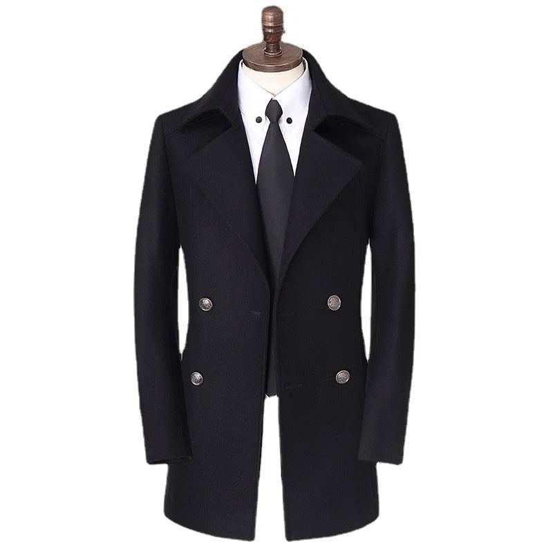 Manteau Homme Hommes Automne Hiver Veste Mince Pardessus À Double Boutonnage - Noir