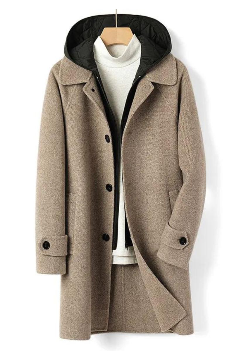 Manteau En Laine Australienne Double Face Pour Hommes Doublure Amovible En Soie De Mûrier Épais À Capuche