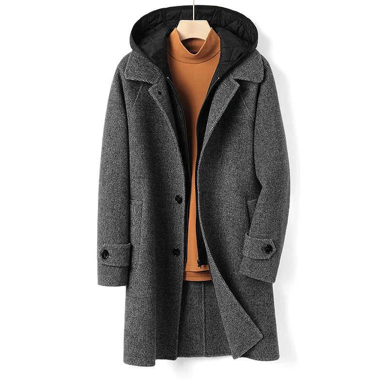 Manteau En Laine Australienne Double Face Pour Hommes Doublure Amovible En Soie De Mûrier Épais À Capuche - Gris