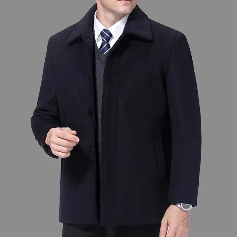 Manteau En Laine D'automne Et D'hiver Vêtements D'affaires Pour Hommes Beau Revers Longueur Moyenne Haut - Bleu Marine