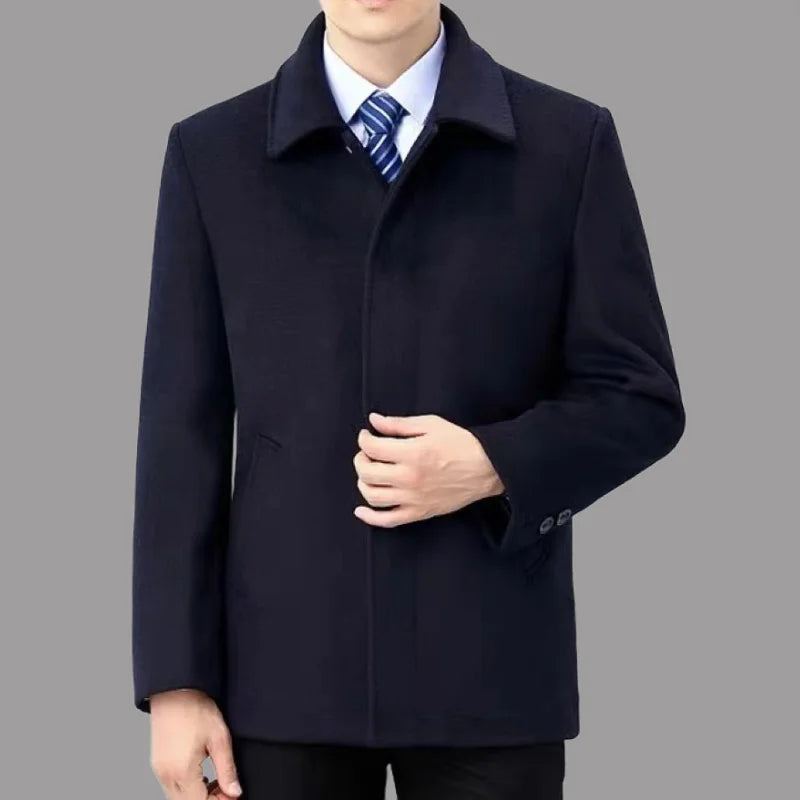 Manteau En Laine D'automne Et D'hiver Vêtements D'affaires Pour Hommes Beau Revers Longueur Moyenne Haut - Bleu Marine