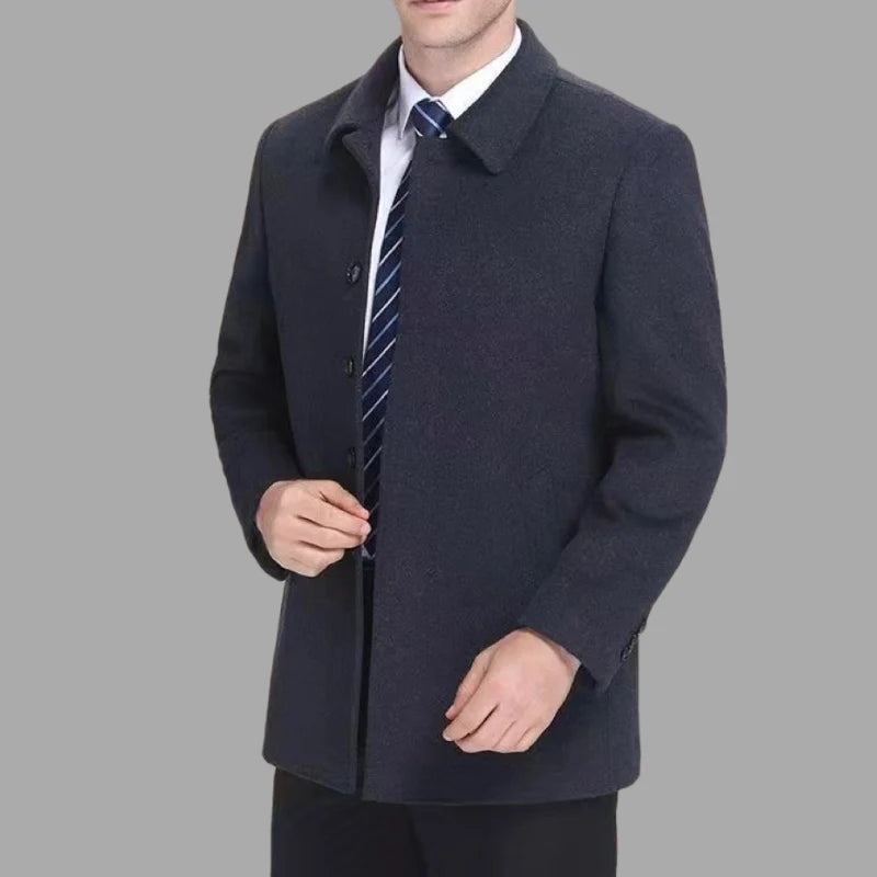 Manteau En Laine D'automne Et D'hiver Vêtements D'affaires Pour Hommes Beau Revers Longueur Moyenne Haut - Bleu Marine