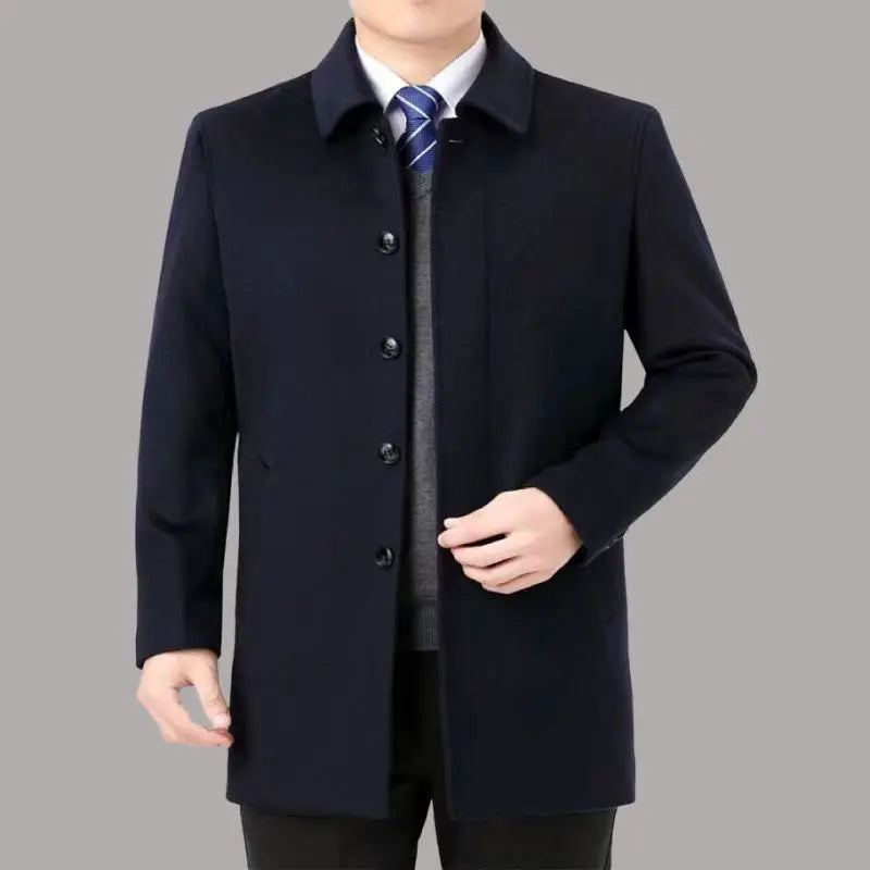 Manteau En Laine D'automne Et D'hiver Vêtements D'affaires Pour Hommes Beau Revers Longueur Moyenne Haut - Bleu Marine