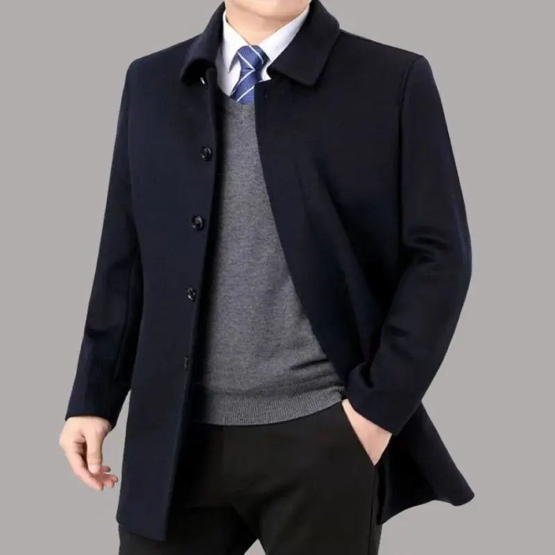 Manteau En Laine D'automne Et D'hiver Vêtements D'affaires Pour Hommes Beau Revers Longueur Moyenne Haut - Bleu Marine