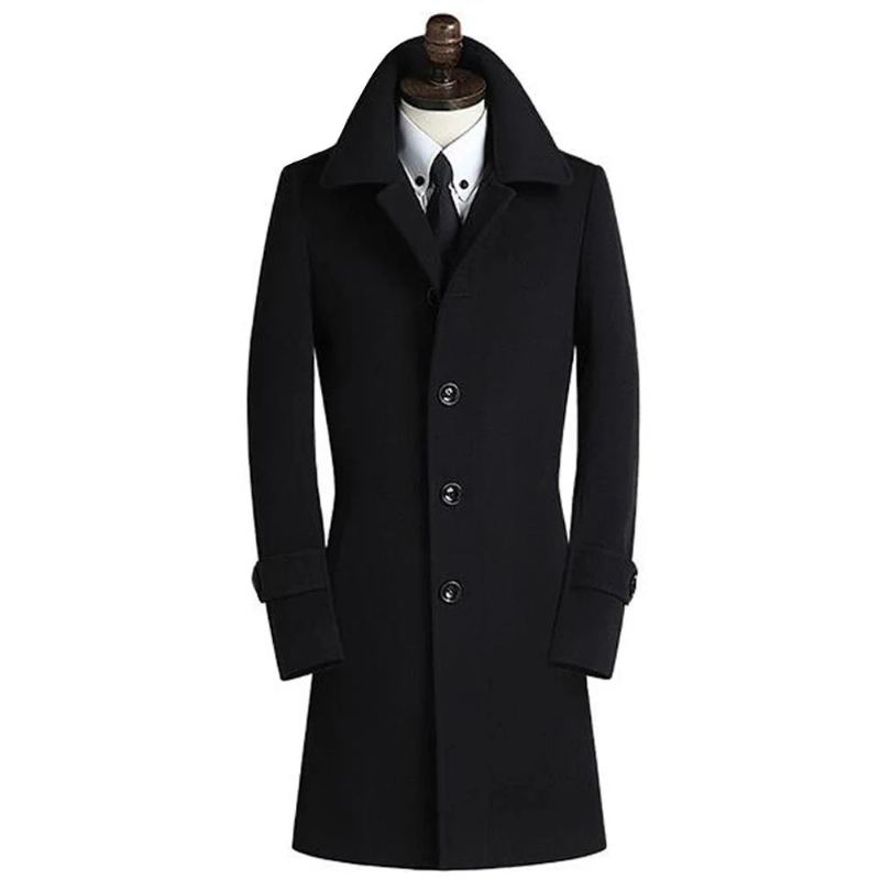 Manteau En Laine Décontracté Pour Hommes Veste D'hiver Slim De Haute Qualité Pardessus À Simple Boutonnage - Noir