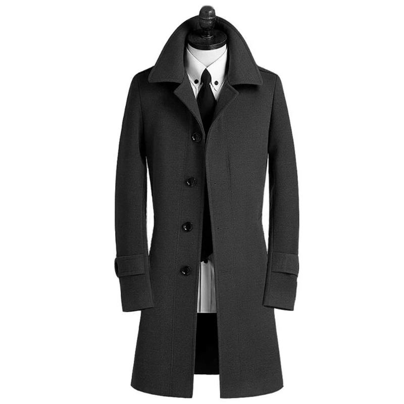 Manteau En Laine Décontracté Pour Hommes Veste D'hiver Slim De Haute Qualité Pardessus À Simple Boutonnage - Noir