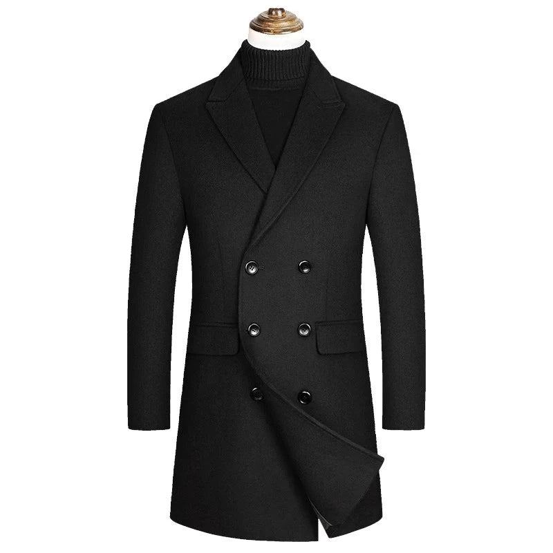 Manteau En Laine À Double Boutonnage Pour Homme Trench-coat Chaud Veste D'affaires Décontractée Automne Et Hiver - Noir