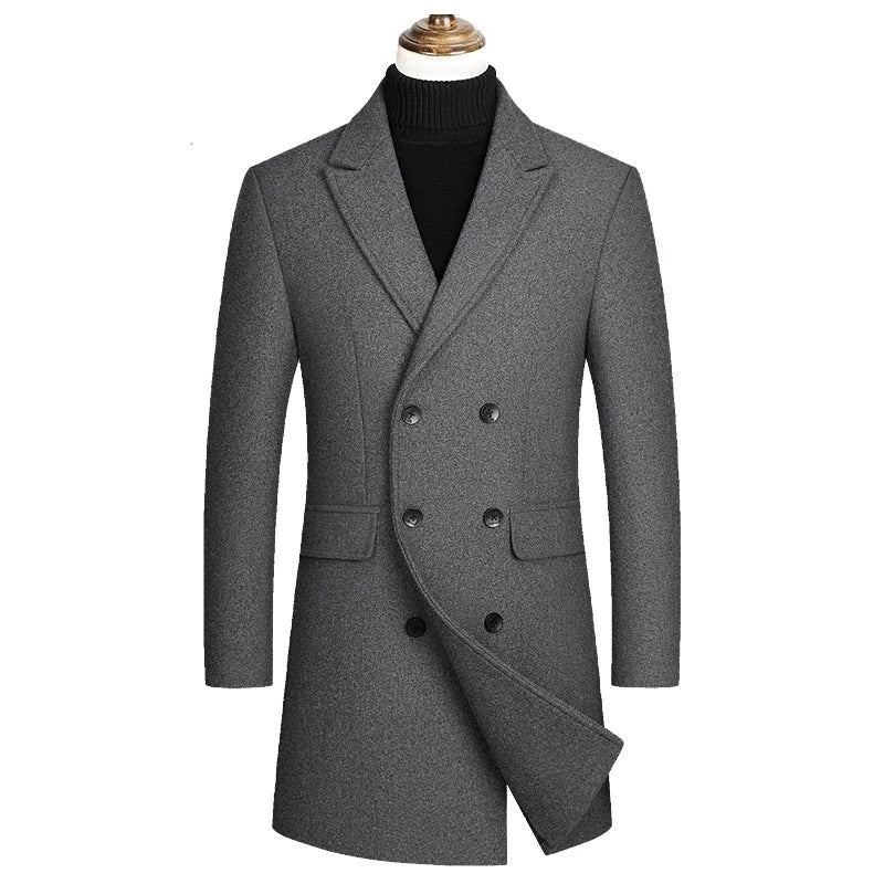 Manteau En Laine À Double Boutonnage Pour Homme Trench-coat Chaud Veste D'affaires Décontractée Automne Et Hiver - Noir