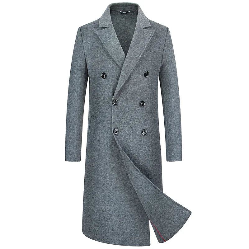 Manteau En Laine Double Face Fait À La Main Coupe-vent Long Au Dessus Du Genou Pour Hommes - Gris