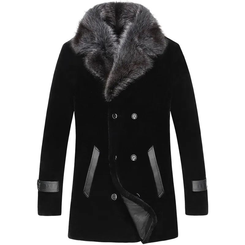 Manteau En Laine De Fourrure De Mouton En Peau De Veste D'hiver Hommes Col De De Raton Laveur Manteaux Longs - Noir