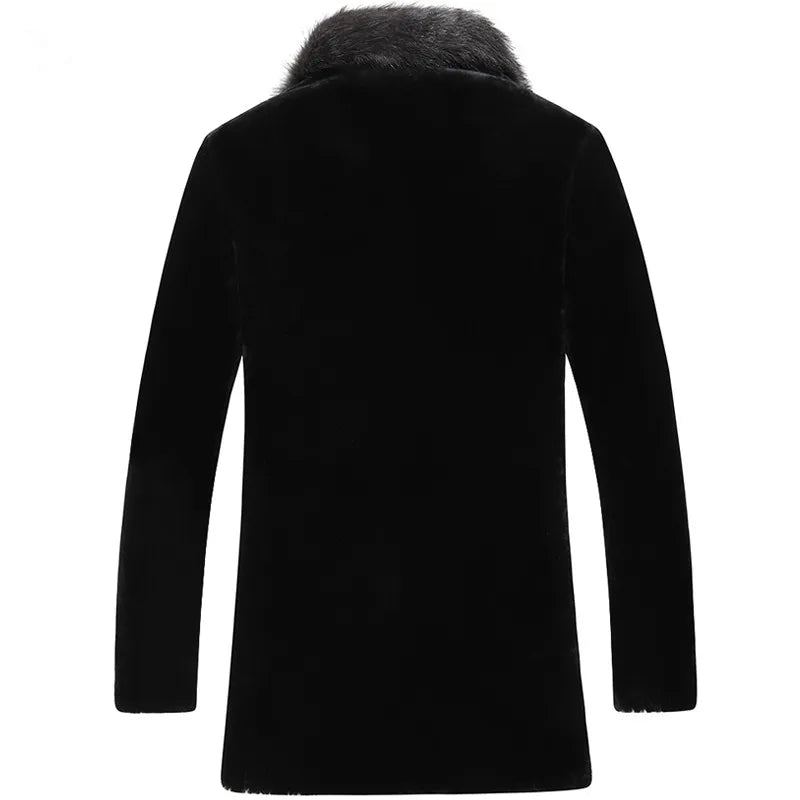 Manteau En Laine De Fourrure De Mouton En Peau De Veste D'hiver Hommes Col De De Raton Laveur Manteaux Longs - Noir