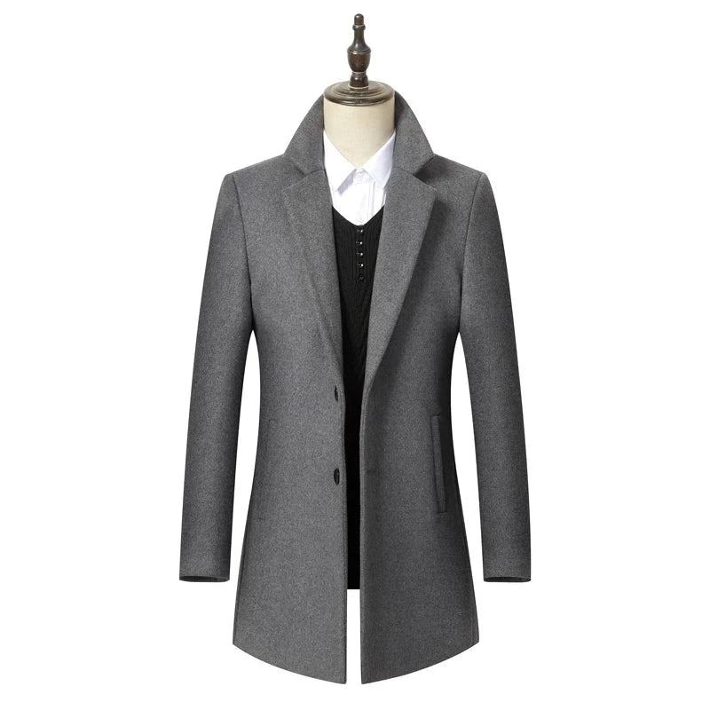 Manteau En Laine À Longue Section Pour Hommes Veste D'affaires Décontractée Style Classique Coupe Cintrée Automne Et Hiver - Noir