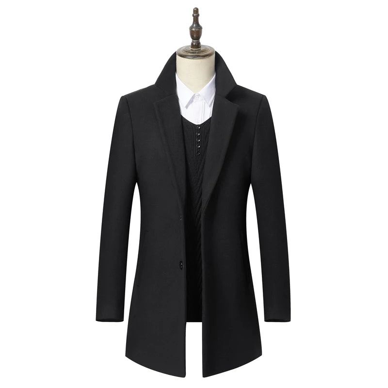 Manteau En Laine À Longue Section Pour Hommes Veste D'affaires Décontractée Style Classique Coupe Cintrée Automne Et Hiver - Noir