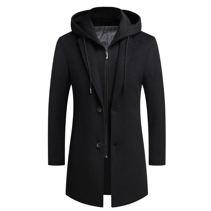 Manteau En Laine Mi-long Style Unique À Capuche Amovible Beau Streetwear Pour Étudiant Jeune Tendance Vestes Amples Et Chaudes Hommes - Noir