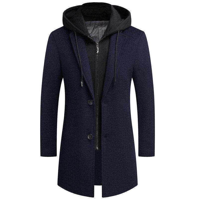 Manteau En Laine Mi-long Style Unique À Capuche Amovible Beau Streetwear Pour Étudiant Jeune Tendance Vestes Amples Et Chaudes Hommes - Noir