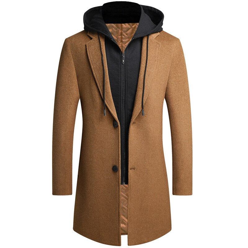 Manteau En Laine Mi-long Style Unique À Capuche Amovible Beau Streetwear Pour Étudiant Jeune Tendance Vestes Amples Et Chaudes Hommes - Noir