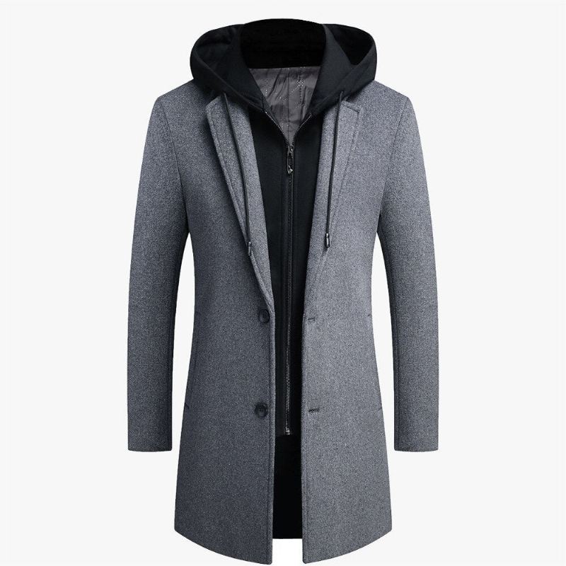 Manteau En Laine Mi-long Style Unique À Capuche Amovible Beau Streetwear Pour Étudiant Jeune Tendance Vestes Amples Et Chaudes Hommes - Noir