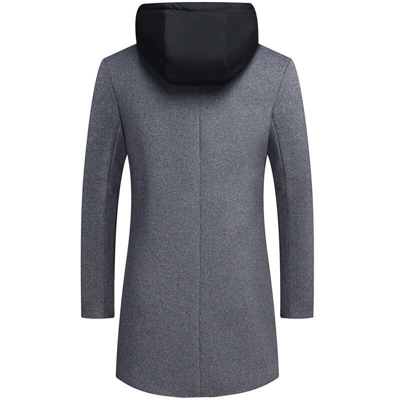 Manteau En Laine Mi-long Style Unique À Capuche Amovible Beau Streetwear Pour Étudiant Jeune Tendance Vestes Amples Et Chaudes Hommes - Noir