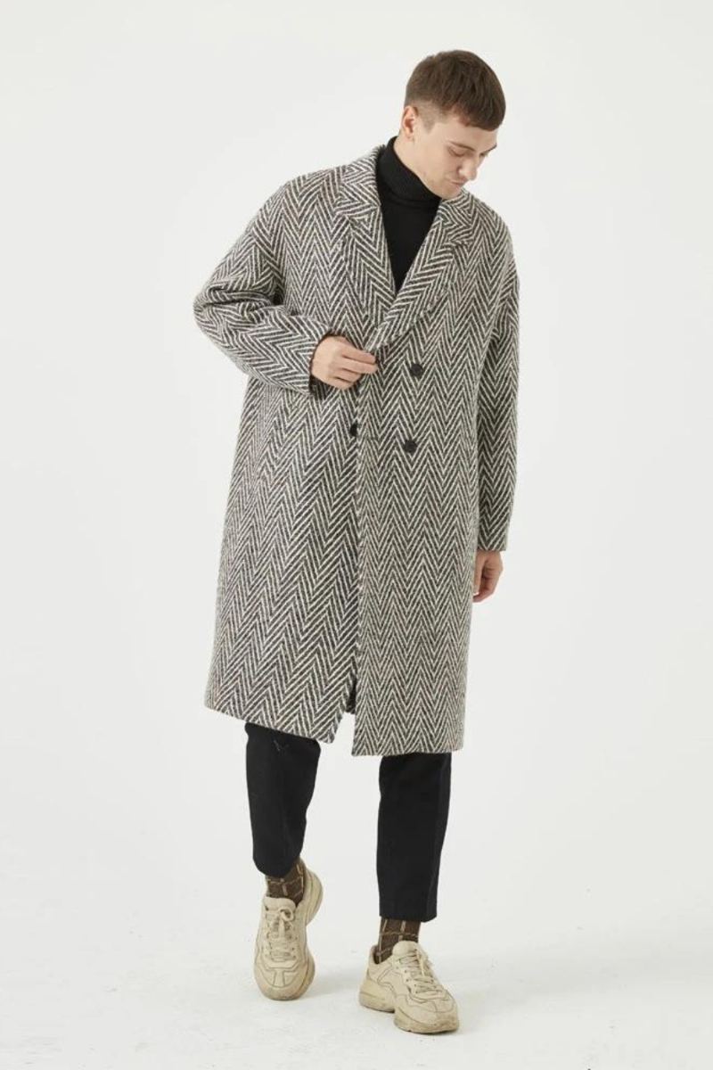 Manteau En Laine Rayé Pour Hommes Trench-coat Chaud Ample À Double Boutonnage